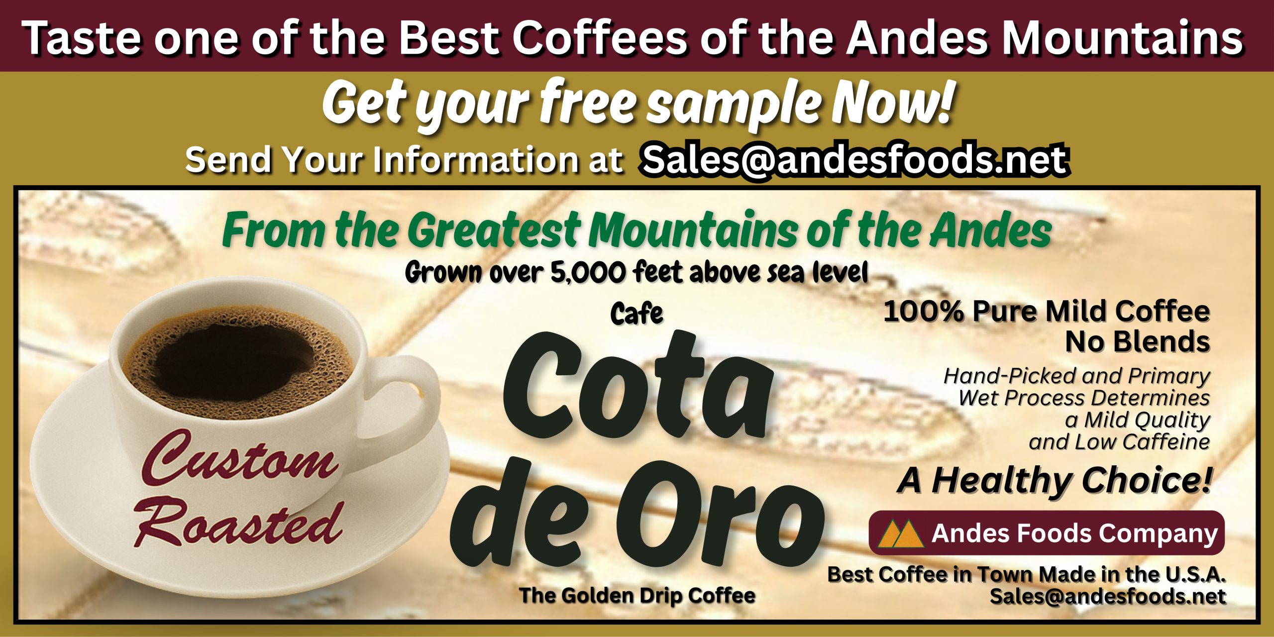 Cota de Oro premium mild coffee banner – 100% pure, hand‑picked, Andes high‑altitude coffee